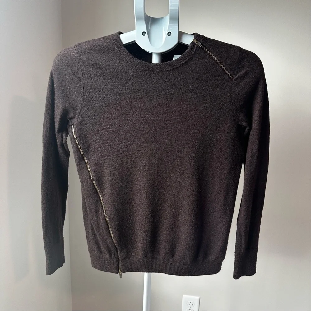 J Crew 100% Merino Wool Sweater M | Asymmetrical Zipper Chocolate Brown GUC